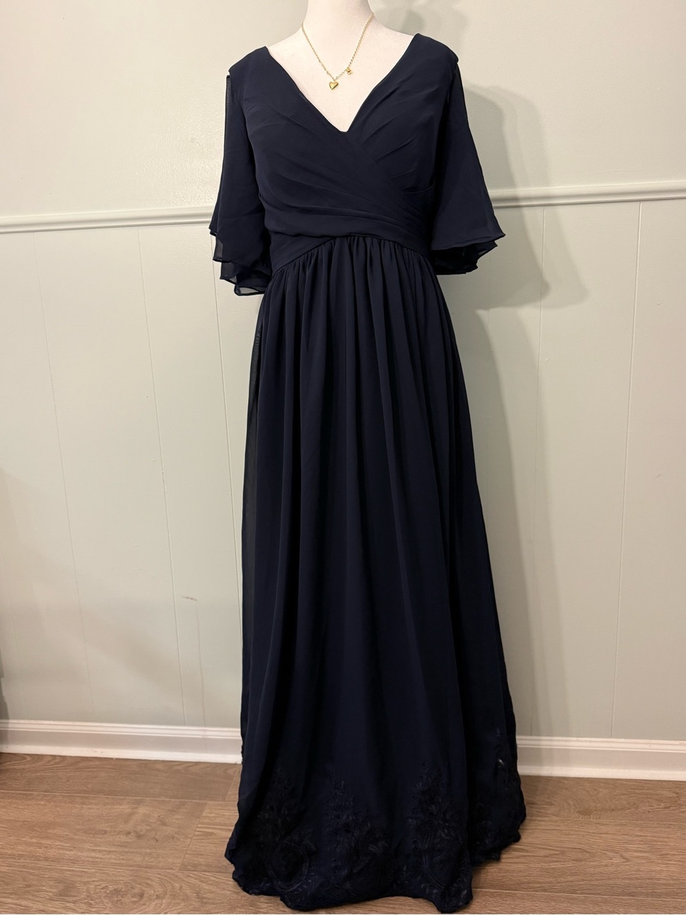 Classic V-Neck Navy Flutter Sleeve Maxi Dress
